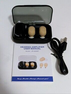 Hearing Wireless Amplifier Earbuds in Beige with Black Charging Case Accessories